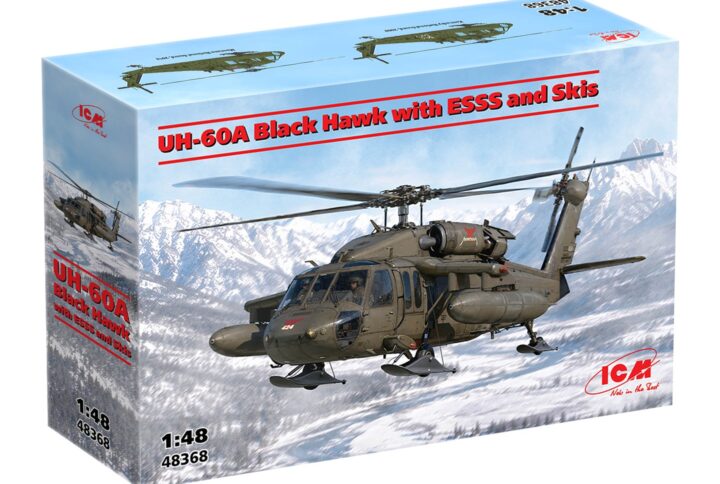 Збірна модель ICM гелікоптер UH-60A Black Hawk з пілонами ESSS та лижним шасі – масштаб 1:48